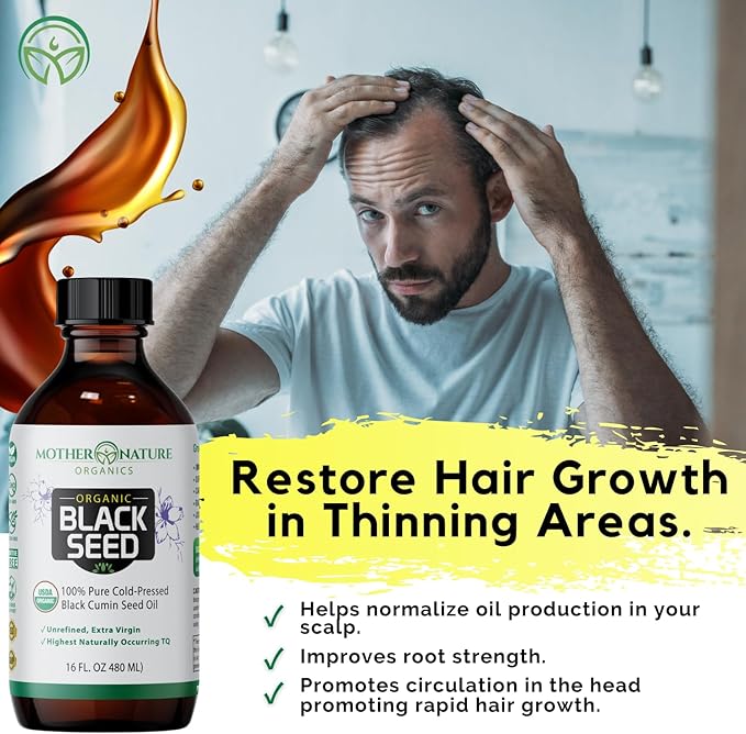 Mother Nature USDA Organic Black Seed Oil – Cold Pressed Unrefined &amp Vegan Nigella Sativa High Thymoquinone (2%+) Omega 3 6 9 for Immune Joint &amp Heart Support Hair &amp Skin Non-GMO 16