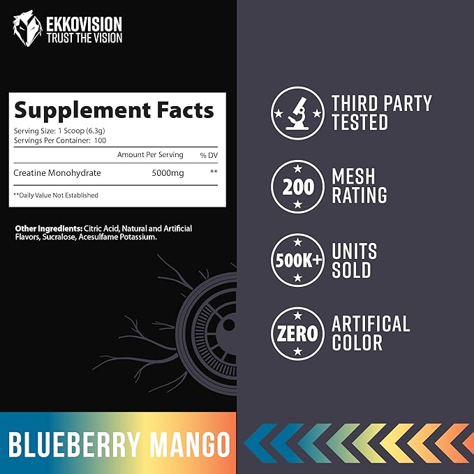 Ekkovision Creatine Monohydrate Powder Micronized Blueberry Mango Pre Workout &amp Post Workout Supplement for Men and Women Energy Support Easy to Mix in Shakes Smoothies &amp Beverages 100