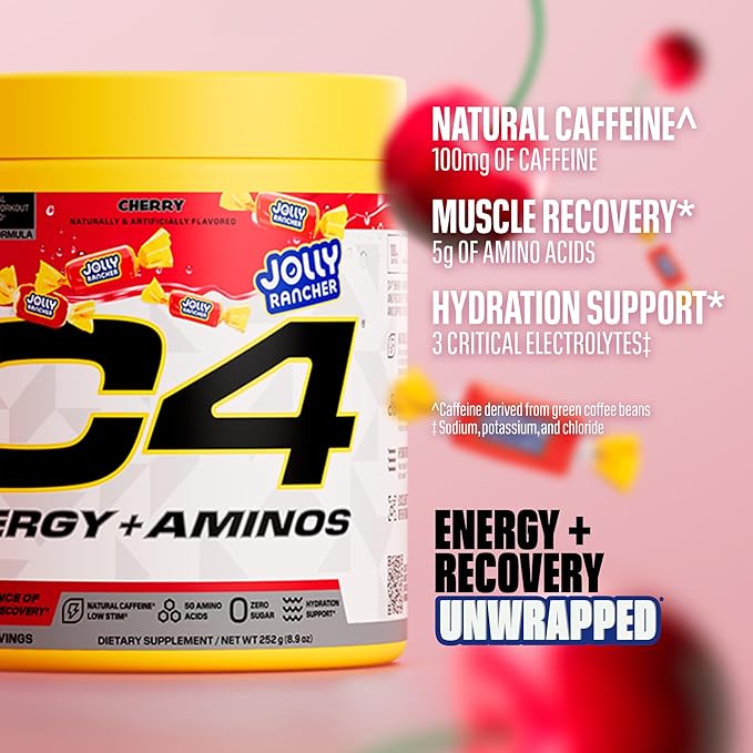 C4 Energy + Aminos Powder Jolly Rancher Cherry 5g BCAAs &amp EAAs for Muscle Recovery 3 Electrolytes for Hydration 100mg Natural Caffeine Pre Workout Zero Sugar 30 Servings