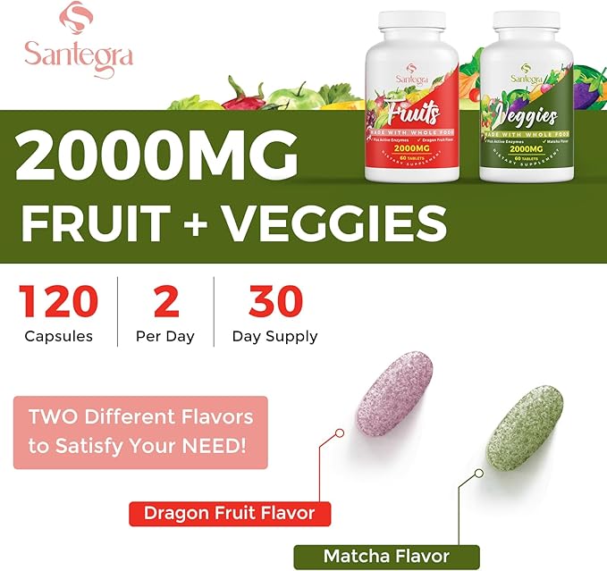 2000 MG Fruit and Veggies Supplement 35+ Fruits and Vegetables for Daily Variety 100% Whole Food Superfoods Natural Vitamins for Women &amp Men Sugar-Free Gluten-Free Vegan 240 Tablets