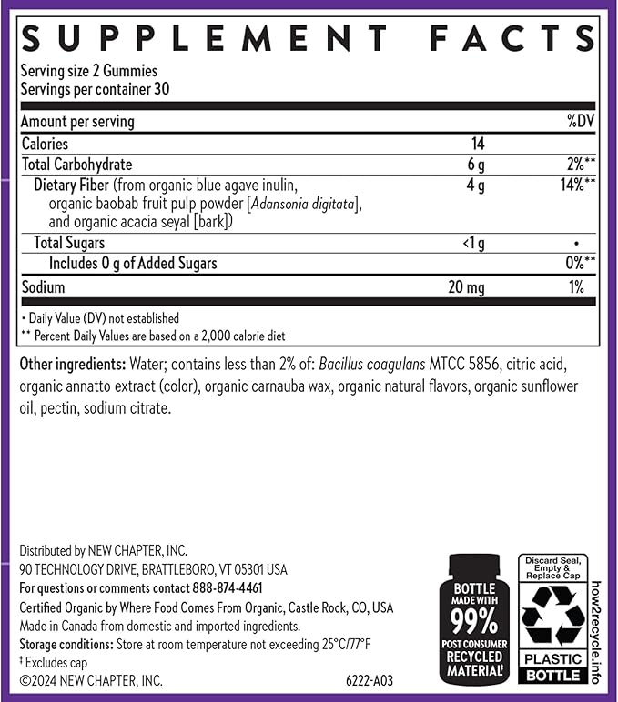 New Chapter Organic Fiber Gummies for Adults &amp Kids (Age 4+) Plant-Based Prebiotic Fiber for Digestive Health Vegan Non-GMO USDA Organic Gluten Free Citrus-Berry Flavored 60 ct
