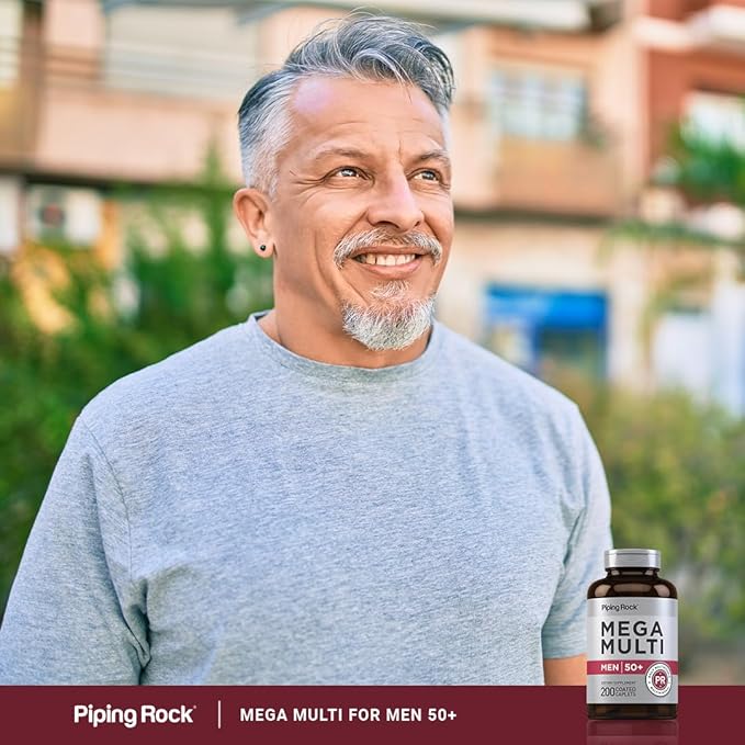 Piping Rock Multivitamin for Men Over 50+ | 200 Caplets | Mega 50 Plus Daily Multimineral | with Magnesium Calcium Zinc | Non-GMO Gluten Free Supplement