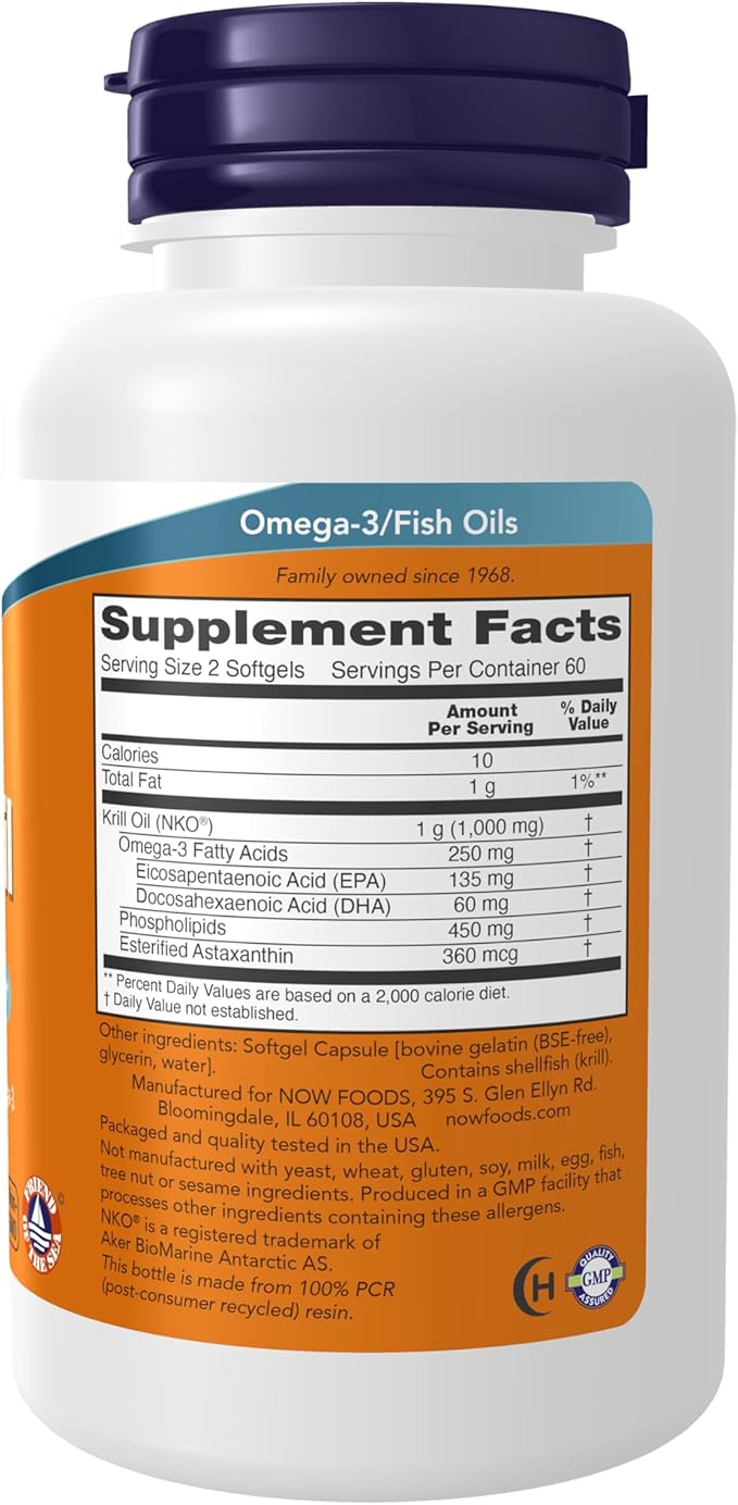 NOW Supplements Krill Oil 500 mg Phospholipid-Bound Omega-3 Cardiovascular Support* 120 Softgels