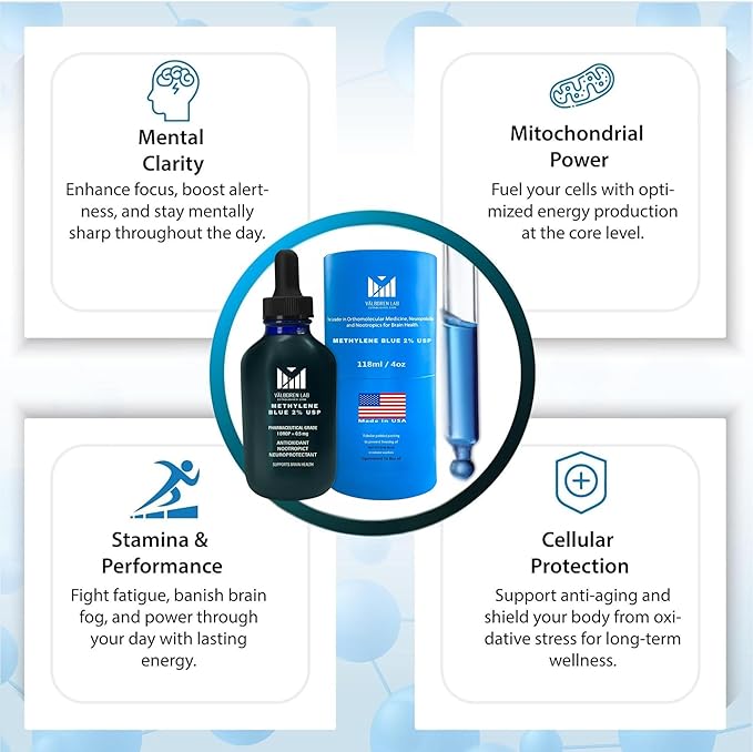 2% Methylene Blue Pharmaceutical Grade - Made in USA - Third Party Tested - Dietary Supplement - Formaldehyde &amp Alcohol-Free - Methane Blue for Humans 2% Drops (118ML Bottle)