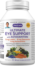 ANDREW LESSMAN Ultimate Eye Support with Astaxanthin 30 Softgels - 12mg Lutein 6mg Zeaxanthin 4mg Astaxanthin Bilberry. Key Nutrients to Support Eye Health Promote Healthy Vision. No Additives