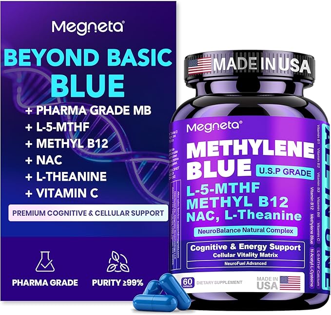 Methylene Blue Pharmaceutical Grade Capsules for Humans - Triple-Pathway Formula with Pure MB NAC L-5-MTHF L-Theanine&amp Methyl B12 | Cognition Mental Clarity Cellular Energy &amp Antioxidant