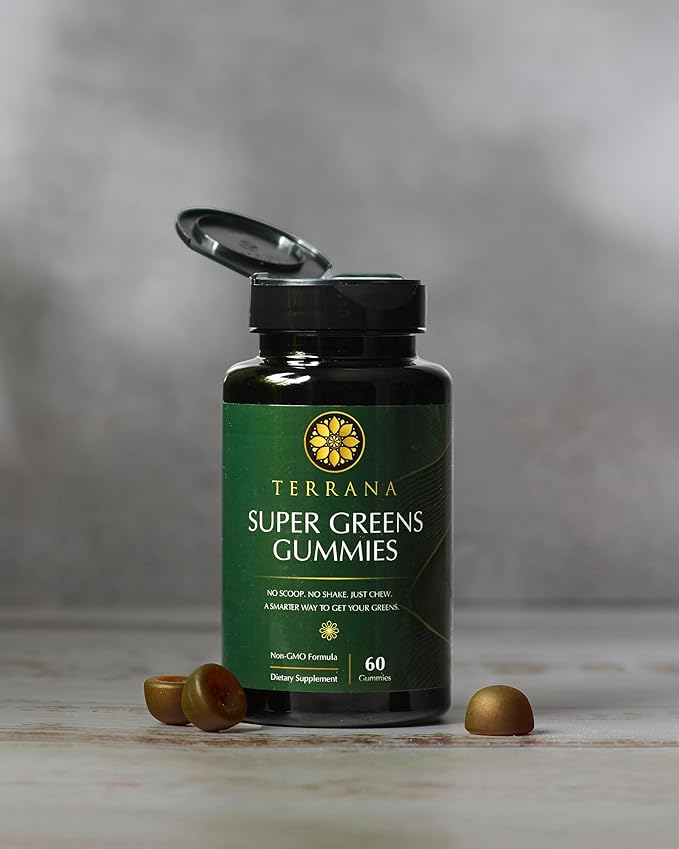 Terrana Super Greens Gummies - Daily Greens Supplement with Fruits Veggies Prebiotics &amp Antioxidants for Energy Digestion &amp Immunity - Vegan Non-GMO 60 Gummies
