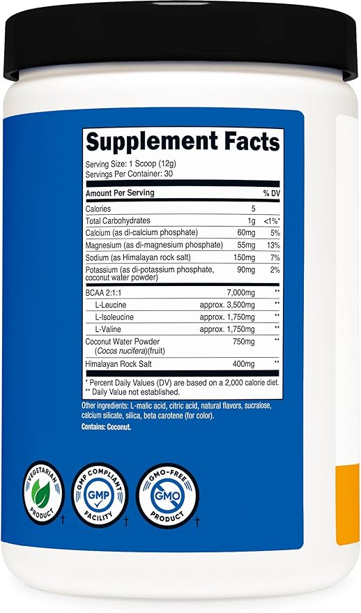 Nutricost BCAA + Hydration Powder (Peach Mango) 30 Servings - Branched Chain Amino Acids with Hydration Complex - Gluten-Free Non-GMO
