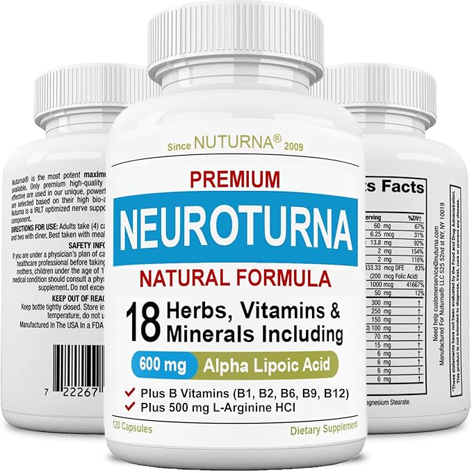 Neuroturna Support Supplement with 600 mg Pure Alpha Lipoic Acid - Advanced ALA Formula for Feet Hands Fingers Legs - Ultra Potent 18 in 1 Natural Vitamins - 120 Capsules