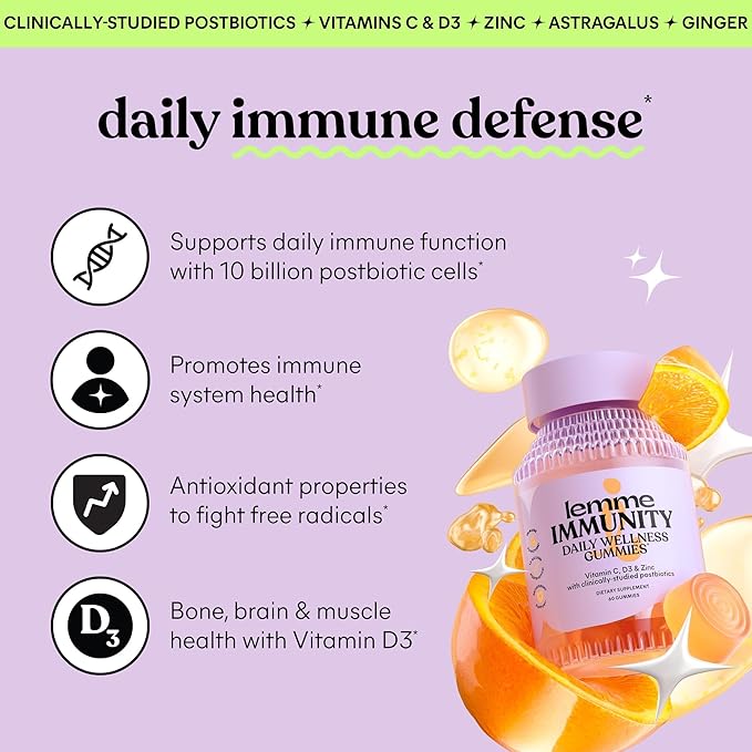 Lemme Immunity Postbiotic Gummies with Vitamin C Vitamin D (2000 IU) Zinc 10 Billion Postbiotic Cells Astragalus for Immune Support - Vegetarian Gluten Free Sweet Orange (60 Count)