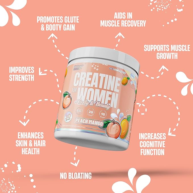 Nutrex Research Creatine for Women Booty &amp Beauty – Peach Manago | 5g Creatine 2g Collagen BCAAs &amp Hyaluronic Acid for Glutes Strength &amp Skin | Gluten Free 30 Servings