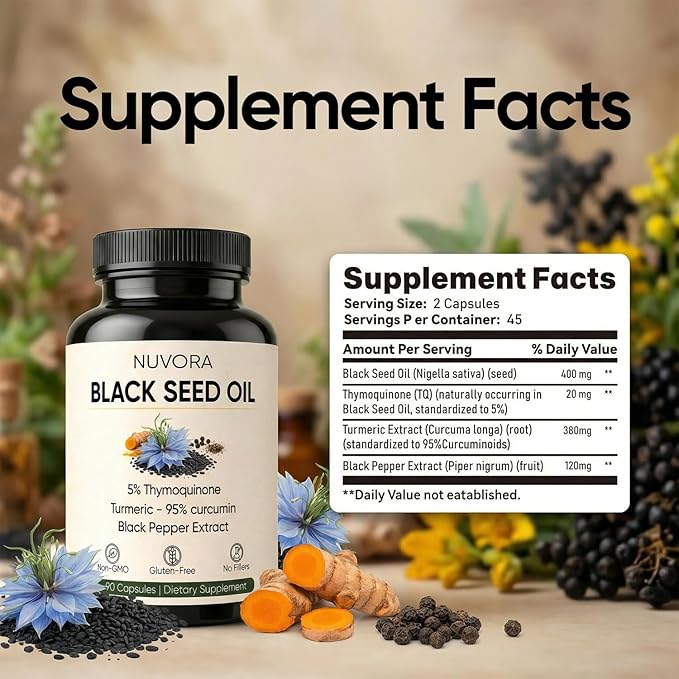 Nuvora Ethiopian Black Seed Oil - 5% Thymoquinone Turmeric &amp Black Pepper Cold Pressed 90 Capsules