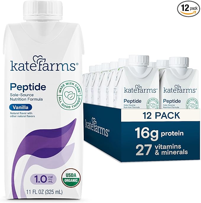 KATE FARMS Organic Adult Peptide 1.0 Formula Vanilla Sole-Source Hydrolyzed Plant-Based Nutrition for Oral or Tube Feeding 11 Fl oz (12 Pack)