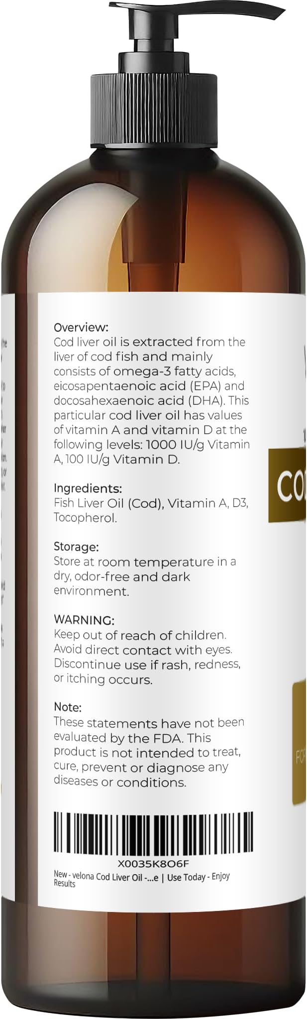 velona Cod Liver Oil - 16 Fl Oz | 1000A/100D IU/g Omega 3 Vitamins A &amp D3 | Norwegian Arctic Sustainably Sourced Nordic Oil | Hair Body and Skin Care | Use Today - Enjoy Results