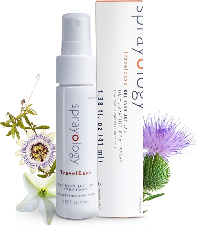 Sprayology TravelEase | Homeopathic Jet Lag Relief Spray | Eases Tiredness Sleeplessness Disorientation &amp Dehydration | Oral Spray with Nux Vomica Passionflower &amp Milk Thistle (1.38 fl oz)