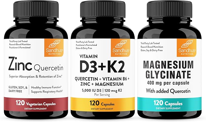 Sandhu's Zinc Quercetin Bundle with Magnesium Glycinate &amp Vitamin D3 K2 5000 IU Capsules (120 Count Each) | for Men &amp Women