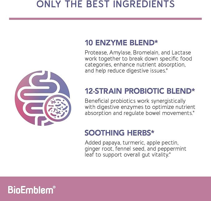BioEmblem Digestive Enzymes - 10 Enzymes w/ 12 Strain 1 Billion CFU Probiotics for Nutrient Absorption &amp Digestive Support - Papaya Bromelain &amp Papain to Help Bloating &amp Gas - Non-GMO - 6