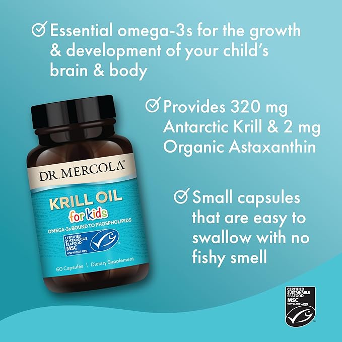 Dr. Mercola Krill Oil for Kids - 320 mg Krill Oil - MSC Certified - Supports Brain &amp Body Development - Phospholipid Form for Absorption - Non-GMO Gluten-Free &amp Soy-Free - 60 Capsules (Pack o