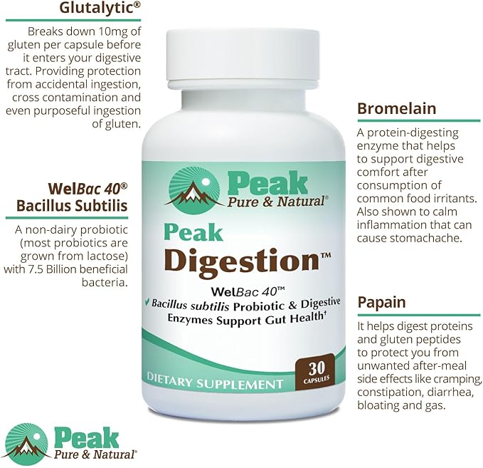 Peak Digestion Probiotic Supplement - Digestive Enzymes with Bacilus Subtilis Non Dairy Probiotic for Optimal Gut Health - Supports Gluten Digestion Helps Deter Bloating &amp Constipation (30 Caps)