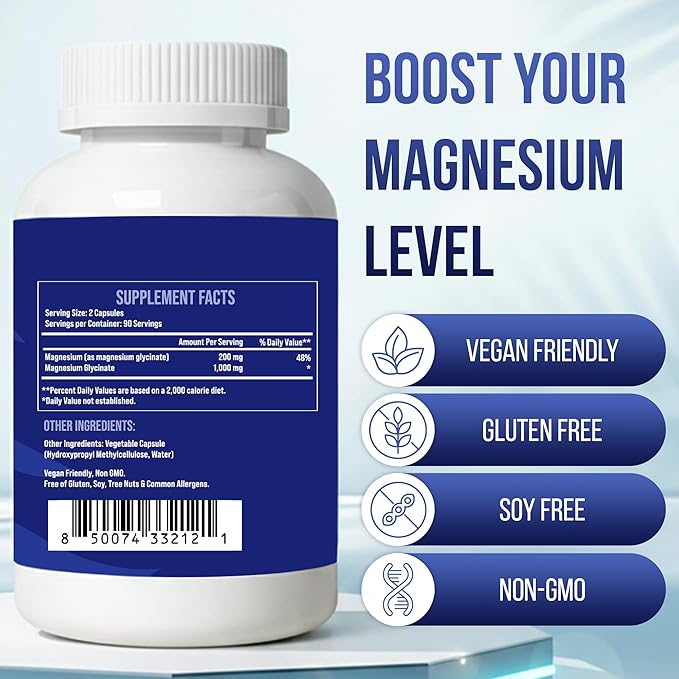 Magnesium Glycinate 1000mg - High Absorption chelated Magnesium Supplement - Supports Relaxation Restful Sleep Muscle Function &amp Bone Health - 180 Capsules - Vegan Non-GMO