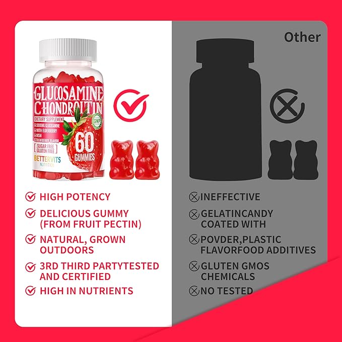 Glucosamine Chondroitin Gummies with MSM &amp Elderberry Extra Strength - Joint Support Antioxidant Immune Support Supplement for Adults Men &amp Women.120 Strawberry Gummies
