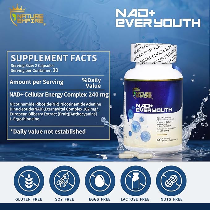 NAD+ Cellular Renewal Anti-Aging 4 in 1 Complex Supplement with L-ErgothioneineNicotinamide Riboside (NR) &amp NAD+ European Bilberry Antioxidant Support for Energy &amp Aging 60 Capsules