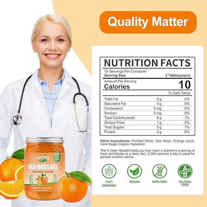 (12 OZ) Sea Moss Gel Organic Raw Vegan Orange Flavored Irish Seamoss 102 Vitamins and Minerals Wild Harvested Non-GMO Immune Defense Booster Thyroid Digestive Support