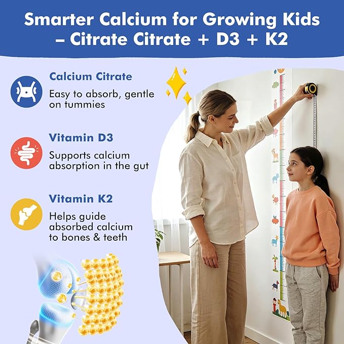 Kids Calcium Citrate Gummies with Vitamin D3 Supplement Calcium Citrate 300/600 mg with Magnesium Zinc &amp Multivitamin for Kids 4+ &amp Teens Support Bone Muscle &amp Digestive Health Sugar Fr