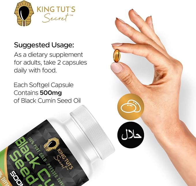 KING TUT'S SECRET Black Seed Capsules - 500 mg 100 Softgels - Nigella Sativa Extract Black Cumin Supplement for Hair Antioxidant Support Immune System - Halal Black Seed Cumin Oil Capsules