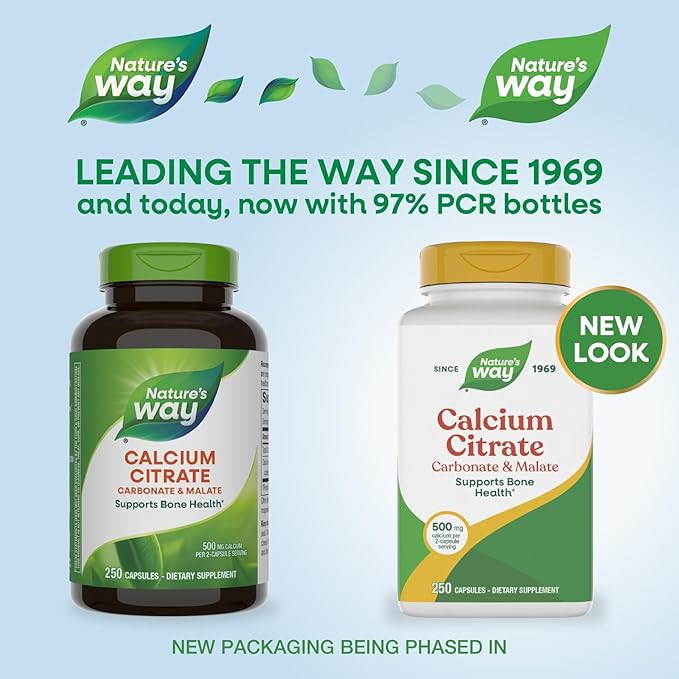 Nature's Way Calcium Citrate 500 mg Calcium per 2-Capsule Serving for Bone Health &amp Muscle Function* Blend of Citrate Carbonate &amp Malate Gluten Free 250 Capsules (Packaging May Vary)