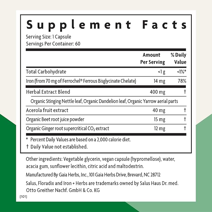 Floradix Iron + Herbs - Iron Supplement for Healthy Energy Support* - Supports Red Blood Cell Formation - Vegan Non-GMO Gluten-Free Soy-Free - 60 Liquid Phyto-Caps