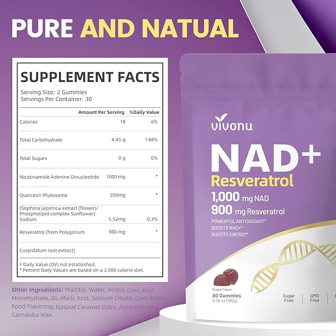 NAD Supplement NAD+ Resveratrol Gummies 60 Count Ultra Pure Organic - Enhanced Absorption - with 1000mg NAD and 900mg Resveratrol | Antioxidant Support &amp Cellular Energy (120 Gummies /2 Bags)