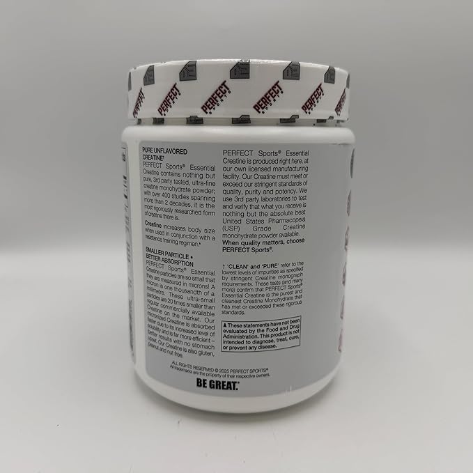 PERFECT SPORTS Essential Creatine | Pure Micronized Creatine Monohydrate | Vegan Friendly Gluten Free | Muscle Build &amp Performance | 200 Servings (Unflavored)