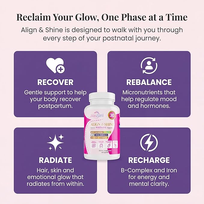 Align &amp Shine Postnatal Vitamins for Women - DHA Iron Folate Vitamin B12 &amp Myo-Inositol | Postpartum Recovery - Breastfeeding Friendly - 1 Month Supply (60 Capsules)