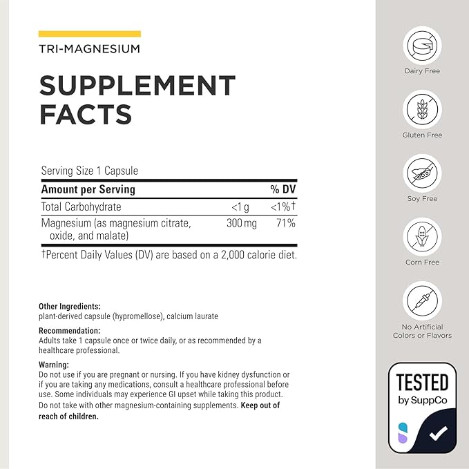 Integrative Therapeutics Tri-Magnesium - Supports Cellular Energy &amp Energy Metabolism* - Magnesium Supplement for Heart &amp Nerve Health Support* - Third-Party Tested - 180 Capsules (180 Serving
