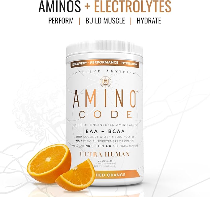 Ultra Human Amino Code | Essential Amino Acids + BCAAs + Coconut Water Electrolytes | Fast Hydration Workout Recovery Flavored Amino Energy Powder Drink | Clean Formula 40 Servings - Crushed Orange