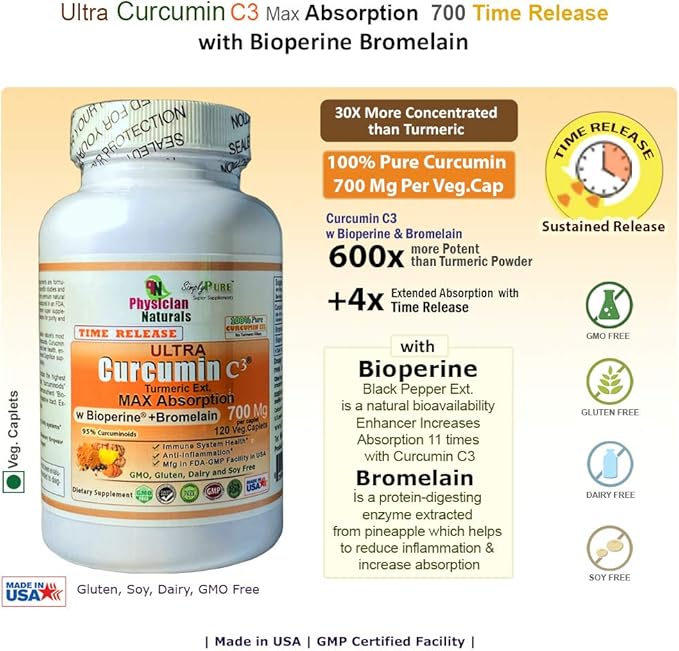 Ultra Curcumin C3 Time Release w Bioperine and Bromelain Time Release 700mg 100 Veg.tabs Max Absorption