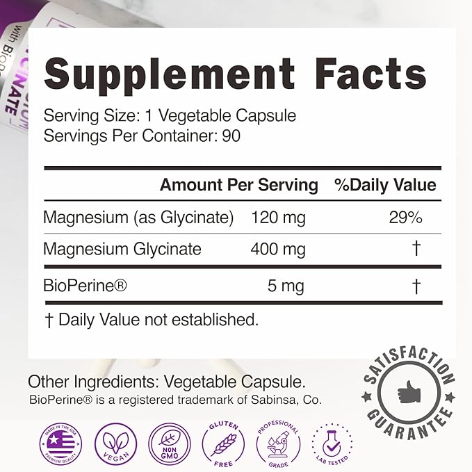 Pure Magnesium Glycinate 400mg - 5X Higher Absorption - Support Stress Relief Sleep Bone Health - 100% Chelated - Pure Magnesium Supplement for Women and Men- 90 Veggie Capsules