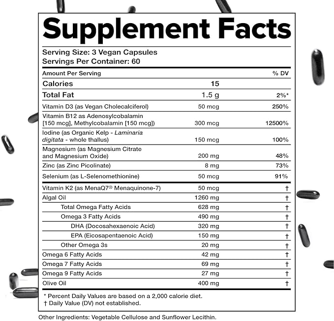 Complement Essential Vegan Multivitamin for Men &amp Women (60 Servings 180 Capsules) with Omega-3 DHA &amp EPA B12 Vitamin D3 &amp K2 Zinc Selenium Magnesium Iodine - Supports Immunity &amp