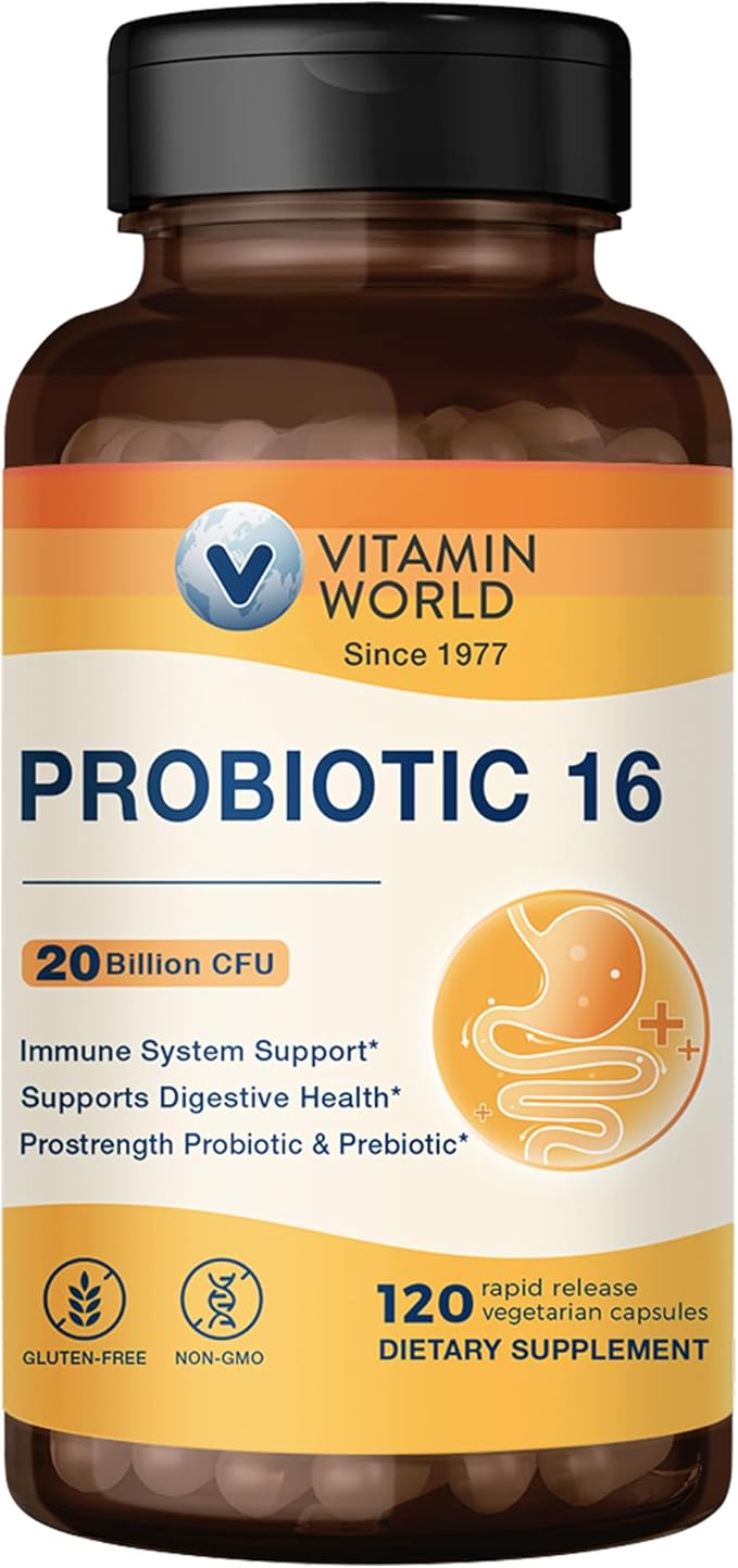 Vitamin World Probiotic 16 20 Billion CFU 16 Strains with Prebiotic Fiber for Digestive &amp Immune Health Probiotics for Women &amp Men Non-GMO Gluten Free 120 Veggie Capsules 60 Day Supply