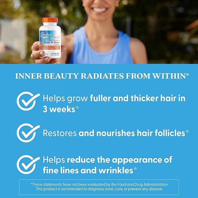 High Absorption Hair &amp Skin Complex Clinically Shown to Grow Thicker Healthier Hair in 3 Weeks Supports Hair Growth &amp Skin Health Non-GMO Gluten Free Soy Free Vegan 60 Veggie Capsules