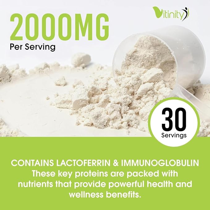 VITINITY Grass Fed Bovine Colostrum Powder for Humans - Natural IgG Colostrum Supplement for Gut Health Immune Support Muscle Recovery &amp Wellness | Pure Colostrum Superfood Unflavored (90 Grams