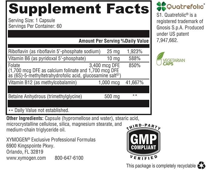 XYMOGEN Methyl Protect - 3400 mcg 5-MTHF (5-Methyltetrahydrofolate) - Cardiovascular &amp Neurological Support - Activated Vitamin B Supplement - Vegetarian &amp Gluten-Free - 60 Capsules