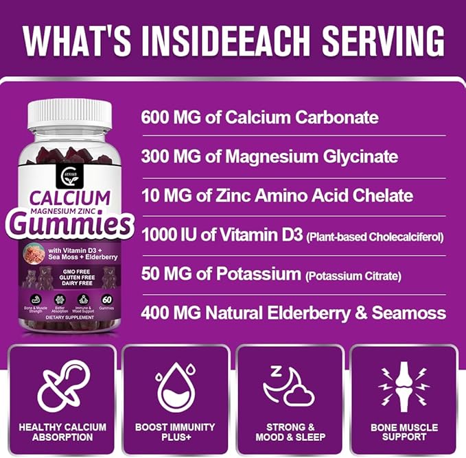 Calcium Magnesium Zinc Gummies with High Absorption Magnesium Glycinate 300mg Potassium - Plant Complex Calcium Magnesium 2:1 Ratio with D3 Sea Moss for Bone Immune &amp Sleep Support Vegan-1 Pac