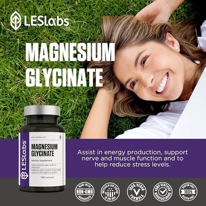 LES Labs Magnesium Glycinate – Supports Restful Sleep Heart Health Stress Relief Metabolism Nerve &amp Muscle Function Gentle on the Digestive System – Non-GMO Supplement – 120 Capsules