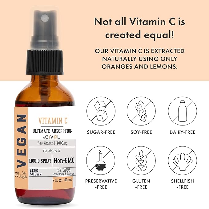 Vitamin C Spray: Daily Absorption Liquid Extract with Lemon Orange Strawberry Rich in Ascorbic Acid 2oz (60ml) 60 Day Supply