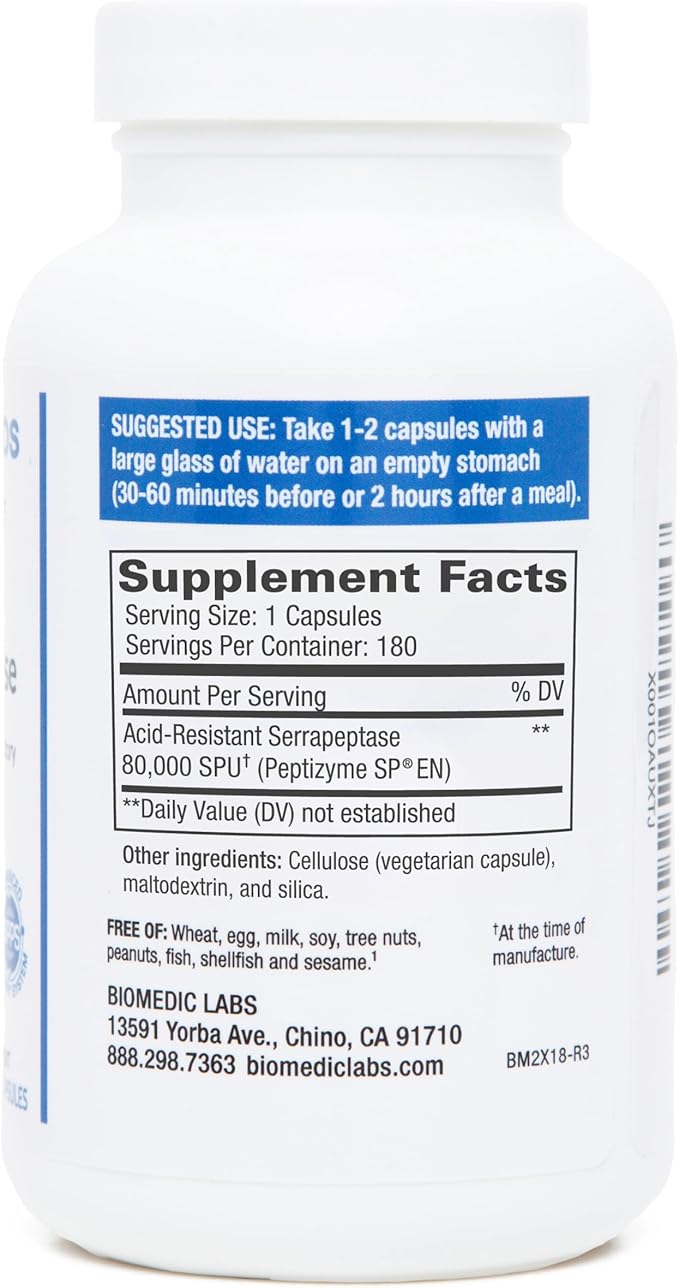 Serra-RX 80000 SU Serrapeptase - Acid-Resstant Proteolytic Systemic Enzyme Non-GMO Gluten Free Vegan Supports Sinus &amp Lung Health 180 Veg Capsules