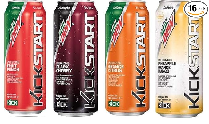 Kickstart Energy Drink Variety - Fruit Punch Black Cherry Orange Citrus Pineapple Orange Mango 16 Fl Oz (Pack of 16)