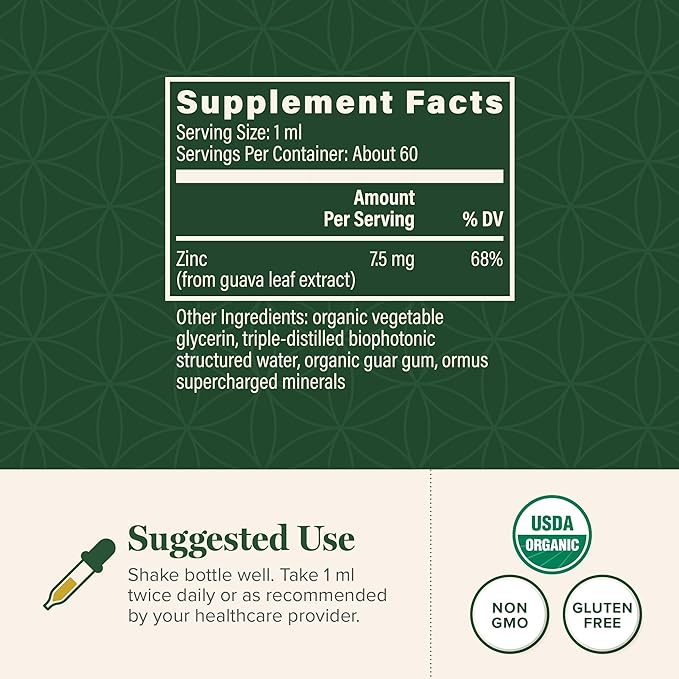 Global Healing USDA Organic Zinc Supplements Liquid - Pure Vitamin Drops for Immune System Boost Hormone Balance and Healthy Aging - Natural Vegan-Friendly Non-GMO Organic Zinc Vitamins (2 Fl Oz)