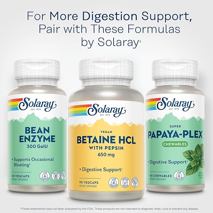 SOLARAY Vegan Betaine HCL with Pepsin - Hydrochloric Acid Supplement for Digestive Health - with Betaine Hydrochloride and Digestive Enzymes - Gut Health Support - 60-Day Guarantee 90 VegCaps